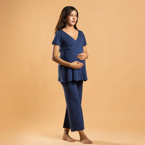 Blue Maternity Wrap Co-Ord Set - Block Hop India