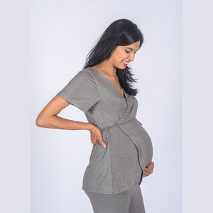 Grey Maternity Wrap Top - Block Hop India