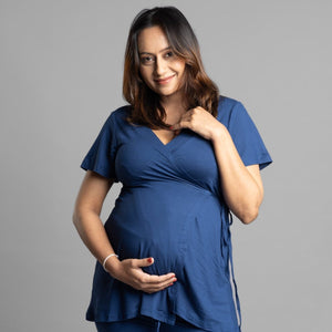 Blue Maternity Wrap Top - Block Hop India