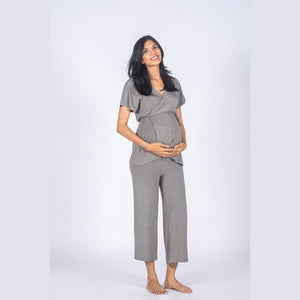 Grey Maternity Wrap Co-Ord Set - Block Hop India