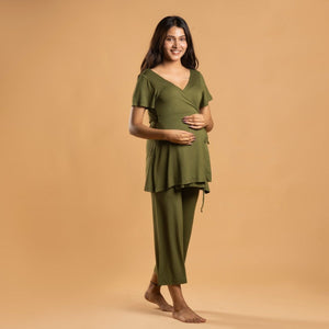 Olive Maternity Wrap Co-Ord Set - Block Hop India