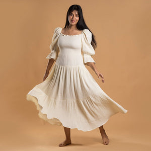 White Waffle Muslin Dress - Block Hop India